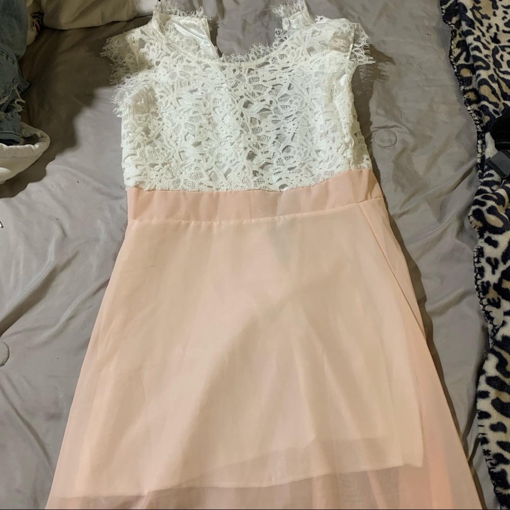 White lace top with light pink skirt dress